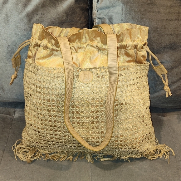 VINTAGE FENDI ZUCCA CROCHET GOLD  METALLIC DRAW-STRING SHOULDER BAG WITH FRINGES - Picture 1 of 16